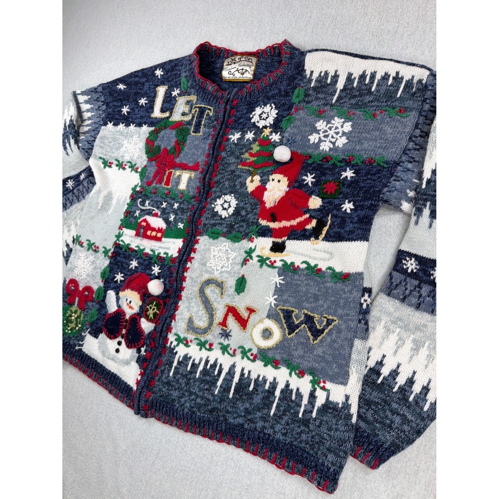 VTG Heirloom Collectibles Let It Snow patchwork chunky Zip Cardigan Sweater LG
